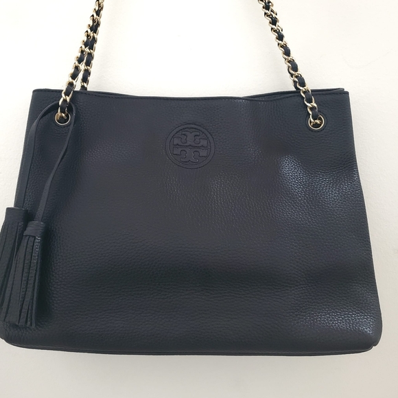 Tory Burch Handbags - Tory Burch Black Leather Britten Triple Compartments Chain Strap Tote Bag